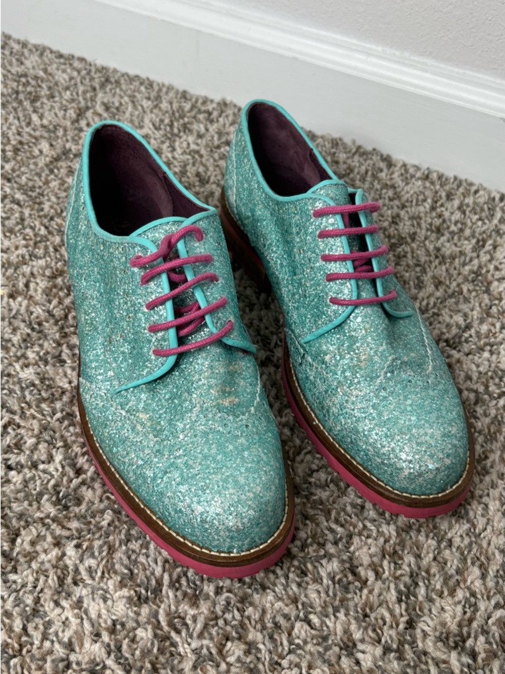 Bed of Roses Teal Glitter Lace-Up Oxfords with Pink Accents